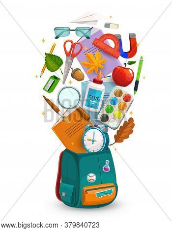 Student Bag With Back To School Supplies, Vector Education. Open Student Backpack Or Back Pack With 