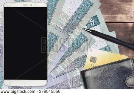 5 Egyptian Pounds Bills And Smartphone With Purse And Credit Card. E-payments Or E-commerce Concept.