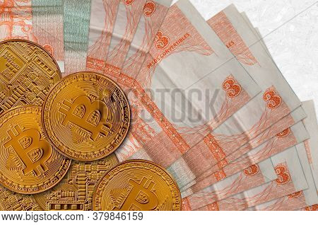 3 Cuban Pesos Convertibles Bills And Golden Bitcoins. Cryptocurrency Investment Concept. Crypto Mini