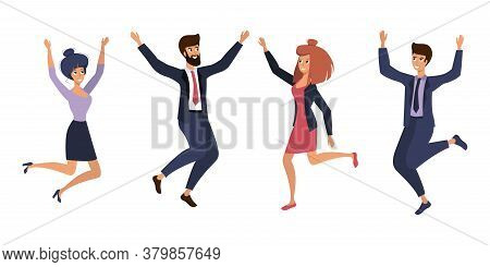 Business People Celebrating A Victory Jump On A White Background.