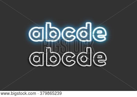 Decorative A B C D E Letters, Neon Font Mockup, 3d Rendering. Glowing Diode Charset Or Alphabet For 