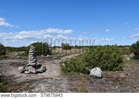 Trail Marked Out With A Stone Cairn At Stora Alvaret On The Island Oland In Sweden, A World Heritage