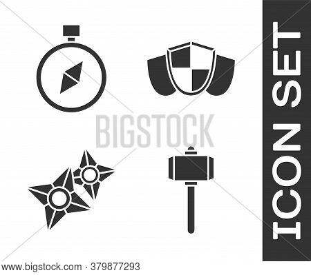 Set Battle Hammer, Compass, Japanese Ninja Shuriken And Shield Icon. Vector