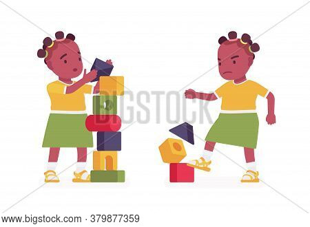 Toddler Child, Black Little Girl Enjoying Playing With Stacking Cubes, Make Tower And Break. Cute Sw