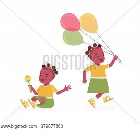 Toddler Child, Black Little Girl Enjoying Playing With Rattle Toy, Balloons. Cute Sweet Happy Health