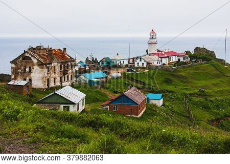 Lighthouse, Huge Rocks On The Ocean, Sea Summer Landscape, Old Stone Building On A High Cliff, Gamov