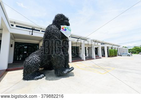 Nakhonpathom , Thailand -  6  August, 2020 : Big Monkey Gorilla Model Recycle Made From Old Car Tire