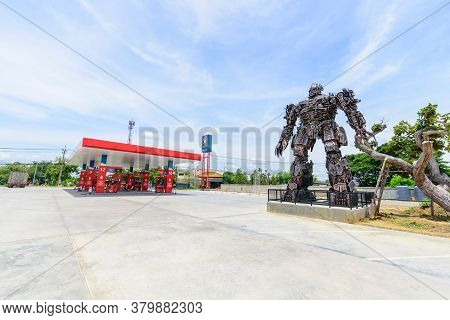 Nakhonpathom , Thailand -  6  August, 2020 : Big Megatron Model Concept In Caltex Petrol Station In 