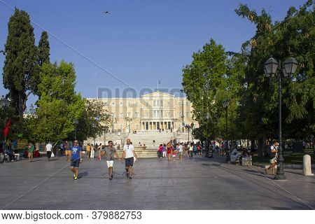 Athens, Greece - August 12 2016: Syntagma Square In Athens With The Hellemic Parliament Building In