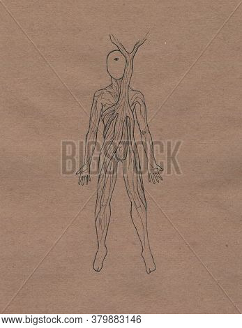 Esoteric And Magic Illustration Of A Human In Graphics. Soul And Body Splitting With Roots. Figure B