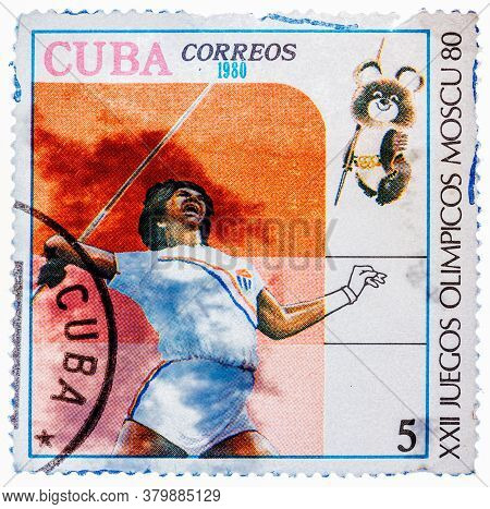 Cuba - Circa 1980: A Stamp Printed In Cuba Shows Javelin Throwing, With Inscription And Name Of Seri