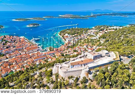 Amazing Town Of Hvar And Fortica Fortress Aerial View, Dalmatia Archipelago Of Croatia