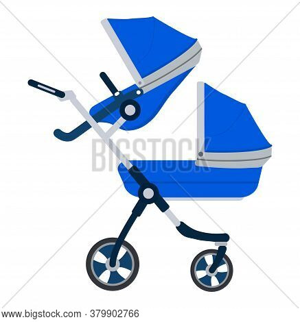 Stroller Icon Vector. Blue Carriage For Baby Isolated On White Color. Carrycot For Newborn.