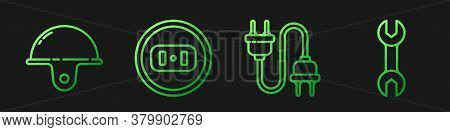 Set Line Electric Plug, Worker Safety Helmet, Electrical Outlet And Wrench Spanner. Gradient Color I