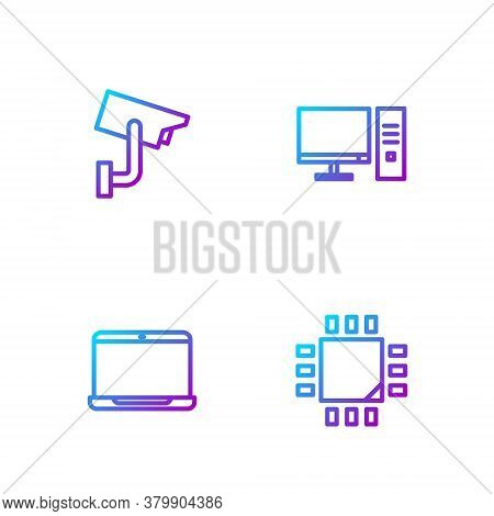 Set Line Processor With Microcircuits Cpu, Laptop, Security Camera And Computer Monitor. Gradient Co