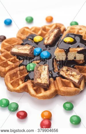 Freshly Baked Waffles With Chocolate Isolated On White Background