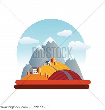 Landscape Of Four Seasons. Banners With Trees, Mountains And Hills In Autumn.