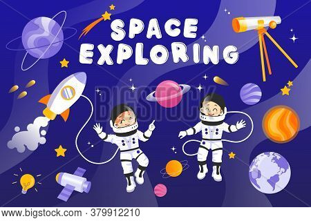Male And Female Austronauts With Planets, Stars, Rocket, Spaceship And Different Cosmic Items. Two H