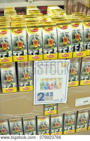 Finland, Lappeenranta, 02,12,2014 Packing Of Tea On Supermarket Shelves