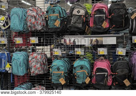 Russia, St. Petersburg, 11,01,2014 Backpacks In The Sports Shop Decathlon