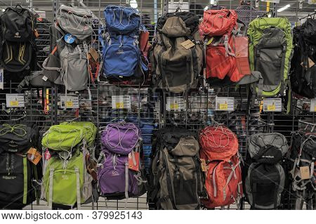 Russia, St. Petersburg, 11,01,2014 Backpacks In The Sports Shop Decathlon