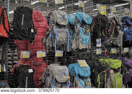 Russia, St. Petersburg, 11,01,2014 Backpacks In The Sports Shop Decathlon