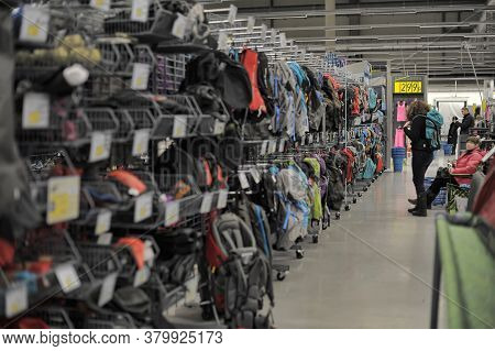 Russia, St. Petersburg, 22,11,2015 Backpacks On Sale In A Sports Store
