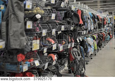 Russia, St. Petersburg, 22,11,2015 Backpacks On Sale In A Sports Store