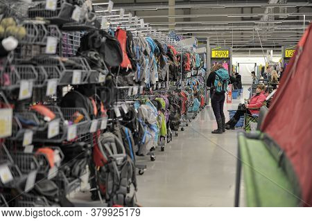 Russia, St. Petersburg, 22,11,2015 Backpacks On Sale In A Sports Store