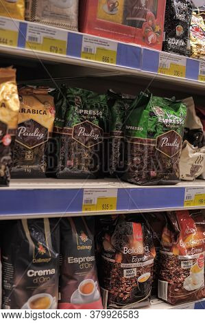 Russia, St. Petersburg, 08,03,2014 Packages With Tea And Cofen Shelves In The Supermarket
