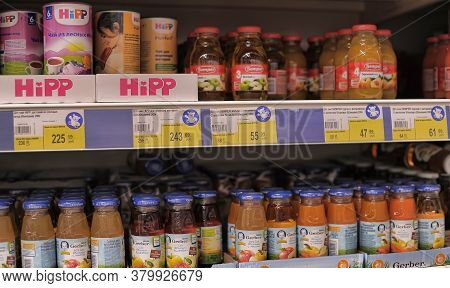 Russia, St. Petersburg, 08,03,2014 Juices Baby Food In The Supermarket