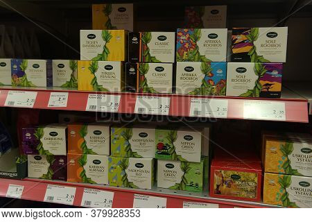 Finland, Imatra 23,12,2016 Packaging Of Tea On The Shelf In The Supermarket