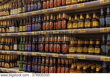 Russia, St. Petersburg, 15,08,2017 Beer On The Shelves In The Supermarket