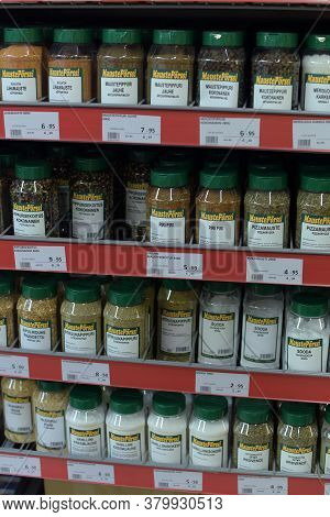 Finland, Imatra, 05,01,2015 Banks With Spices In The Supermarket