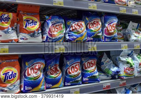 St. Petersburg, Russia 05,04,2015 Laundry Detergents On Supermarket Shelves
