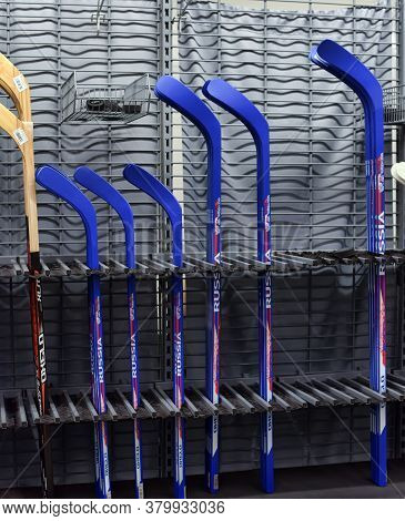 Russia, St.petersburg 09,03,2015 Hockey Sticks In The Sports Shop