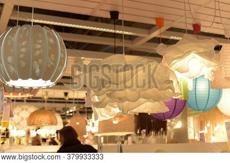 Various Lighting Fixtures, Lamps And Nightlights In The Ikea Store