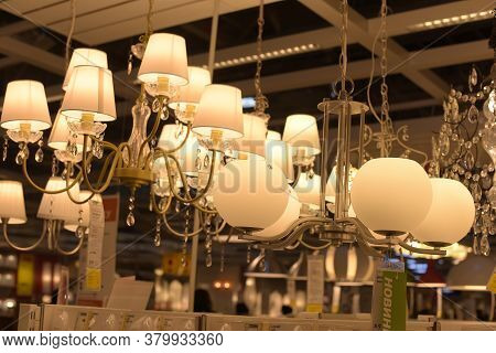 Various Lighting Fixtures, Lamps And Nightlights In The Ikea Store