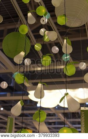 Various Lighting Fixtures, Lamps And Nightlights In The Ikea Store