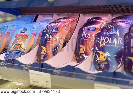 Finland, Lappeenranta 15.09,2018 Sliced Valio Cheese On A Store Shelf
