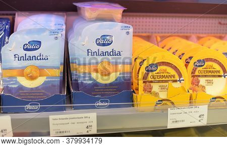 Finland, Lappeenranta 15.09,2018 Sliced Valio Cheese On A Store Shelf