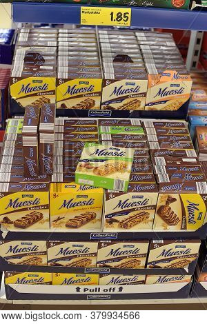 Finland, Lappeenranta, 28,12,2017 Muesli In The Supermarket On Sale
