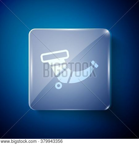 White Hunting Horn Icon Isolated On Blue Background. Square Glass Panels. Vector