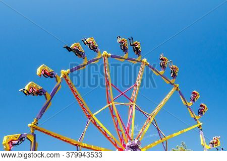 Kouvola, Finland - 14 July 2020: Extreme Ride Endeavour In Motion In Amusement Park Tykkimaki
