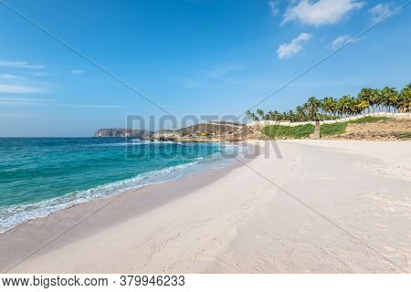 Salalah, Oman - November 19, 2019: Sunny Oasis Beach In Oman, Arabian Sea, Indian Ocean. Oasis Is Th