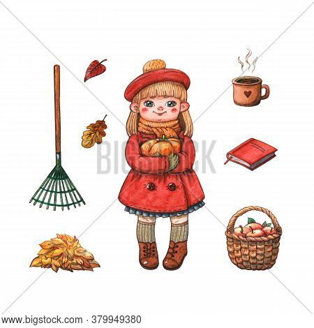 Hand Drawn Watercolor Illustration Of Little Girl In Red Coat And Barret Holding Pumpkin Isolated On