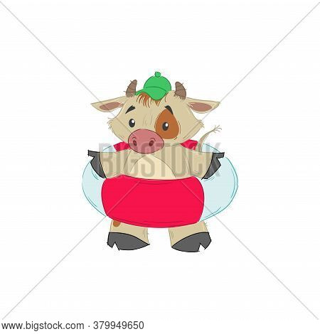 Cute Bull, Ox Or Bison With Swimming Floating Ring. 2021 Chinese Year Of Bull Symbol. Cartoon Hand D