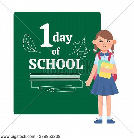 Little Student Girl Standing At The School Blackboard With First Day Of School Lettering. Back To Sc