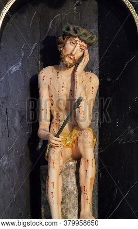 KLANJECKO JEZERO, CROATIA - NOVEMBER 06, 2013: Wounded Jesus, the chapel of Saint George at the Lake in Klanjecko Jezero, Croatia