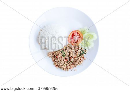 Delicious Fried Pork Rice On White Plate.basil Rice On Dish. Thailand Food On Dish Isolated On White
